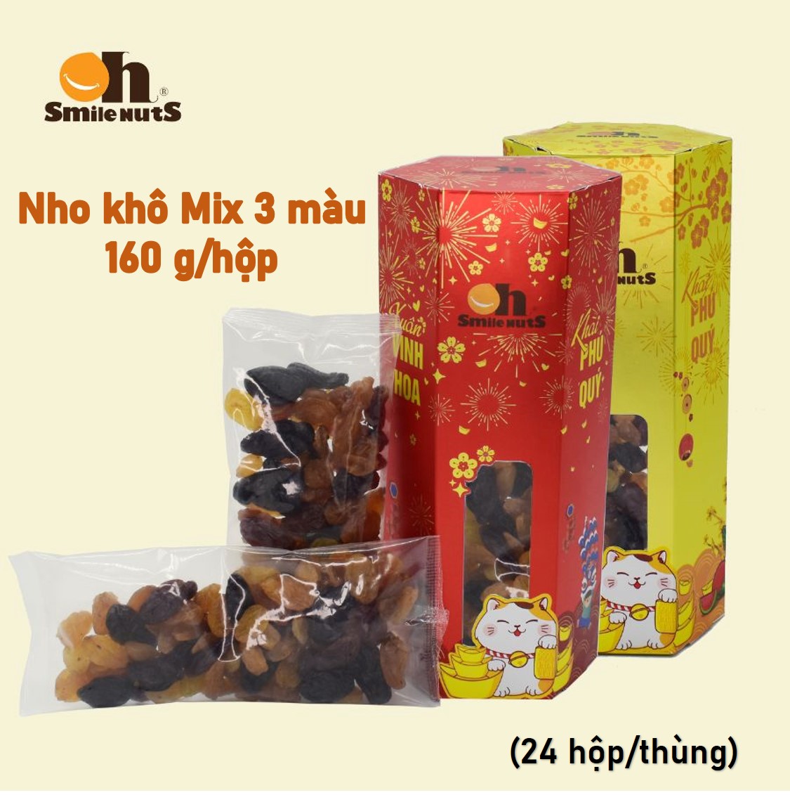Nho Khô Mix 3 màu Không Hạt Smile Nuts hộp 160g - Nhập khẩu từ Chile, nho khô hỗn hợp gồm nho đen, nho đỏ và nho vàng (loại không hạt, trái to) _ Quà tết hộp lục giác Quý Mão 2023