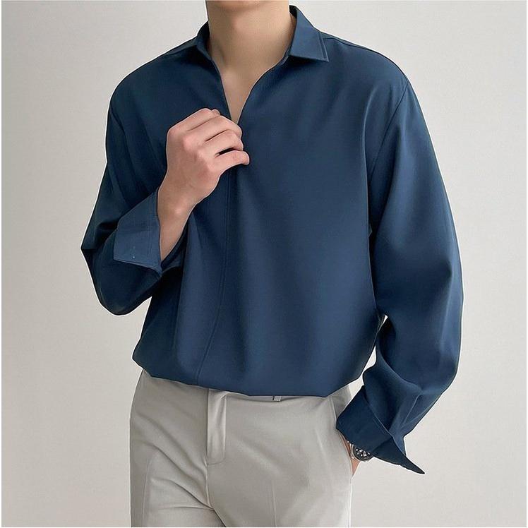 Sơ mi nam nữ MENSWEAR cổ V vải lụa, Áo sơ mi form rộng Unisex nam nữ tay dài Hàn Quốc