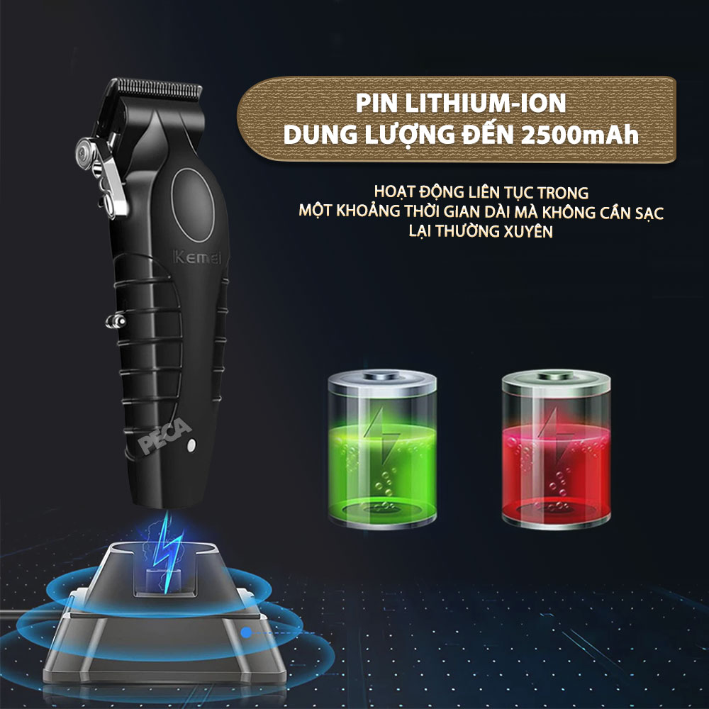 Tông đơ cắt tóc chuyên nghiệp Kemei KM-2296 lưỡi cắt mạ carbon công suất mạnh mẽ 5W pin khỏe lithium - Chính hãng