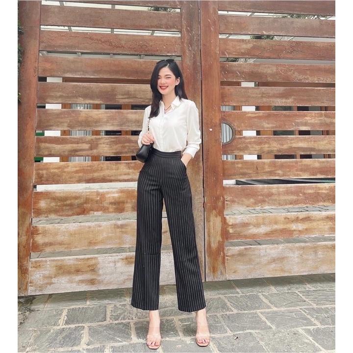 Quần kẻ cạp chun sau ống suông khoá hông siêu hót