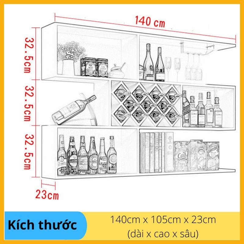 Kệ Rượu Gỗ Trang Trí Treo Tường 3 Tầng Hiện Đại Với 11 Ngăn Đựng Chai Để Nằm Và Giá Treo Ly Inox 304 (KR03)