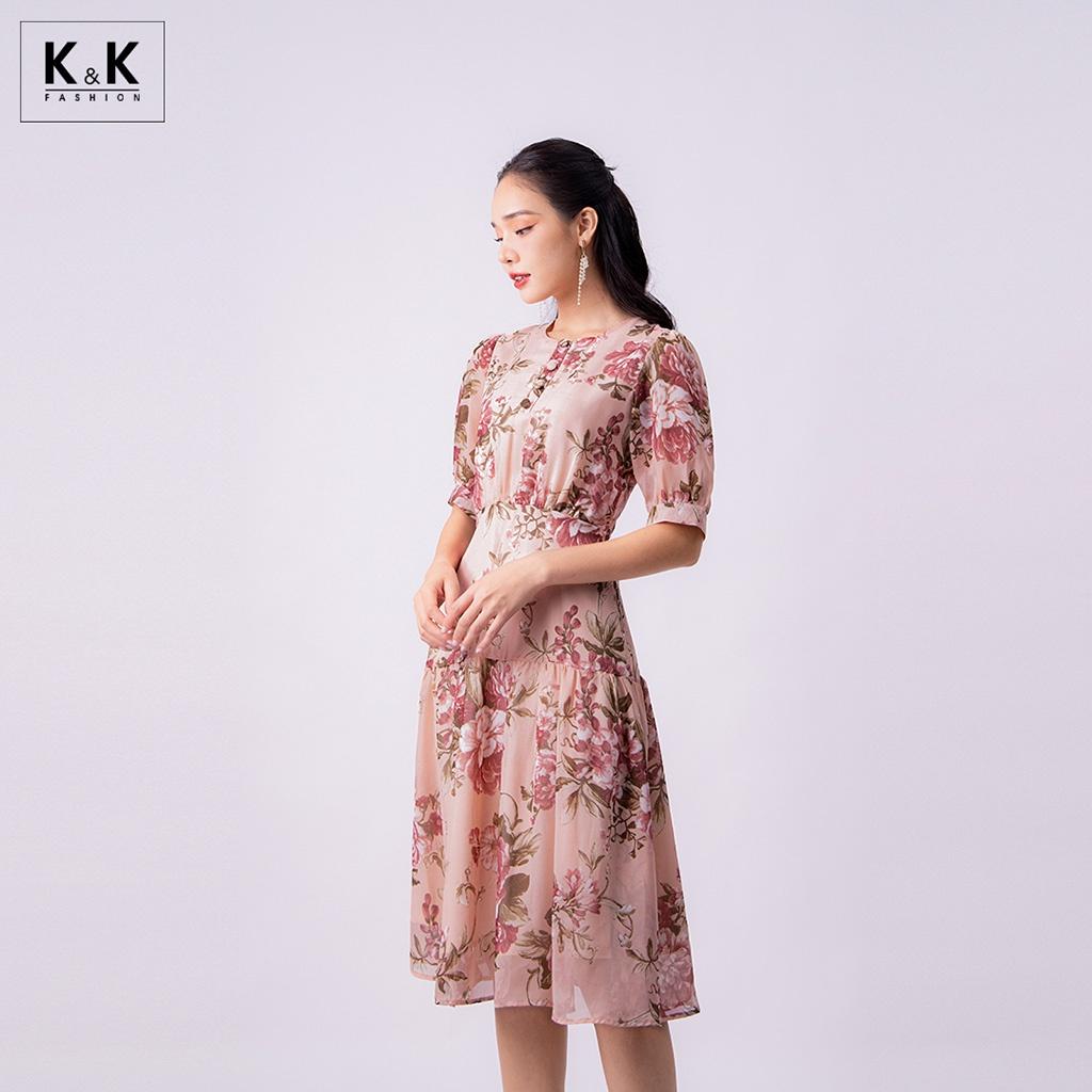 Đầm Xòe Nhấn Eo Họa Tiết Hoa Tay Lỡ K&amp;K Fashion KK120-25 Chất Liệu Voan Hàn