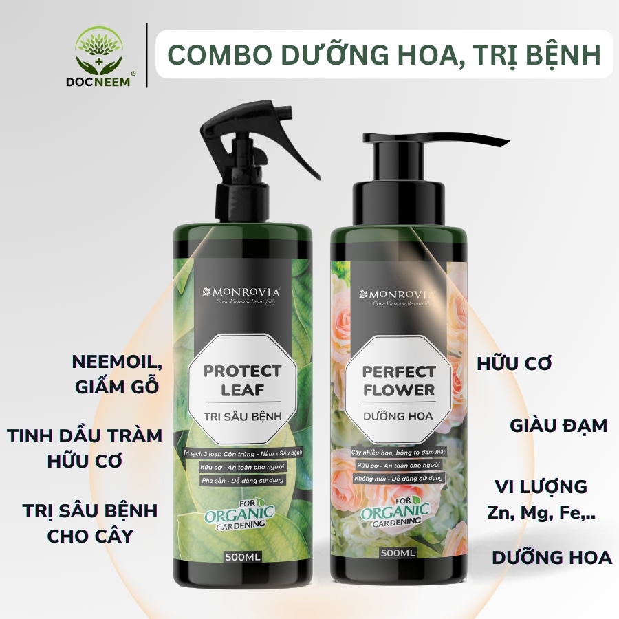 Hình ảnh Combo phân bón TRỊ SÂU BỆNH, DƯỠNG HOA MONROVIA hữu cơ giúp cây khỏe, hoa nở sai, to, đậm màu, dung tích 1L