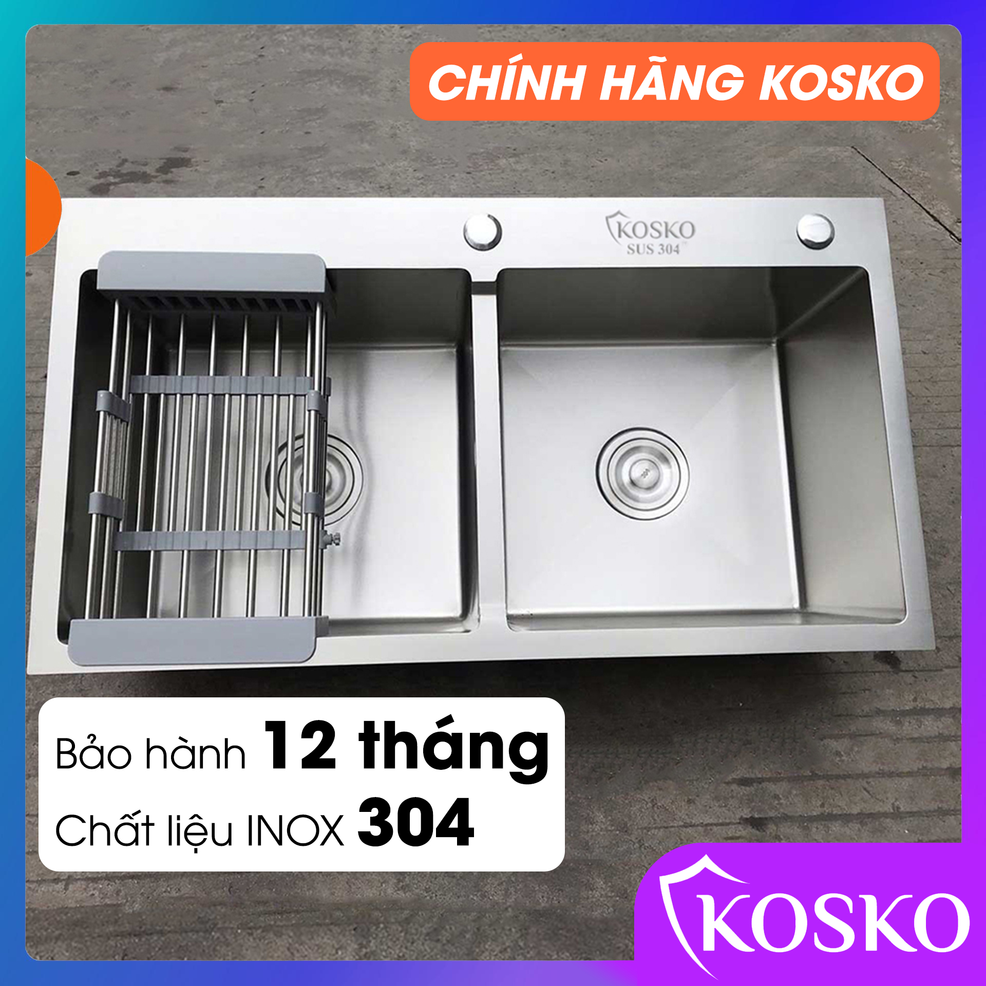 Bồn rửa chén inox 304 KOSKO, chậu rửa chén bát 82x45cm đúc cân lắp được nhiều loại vòi nước rửa chén