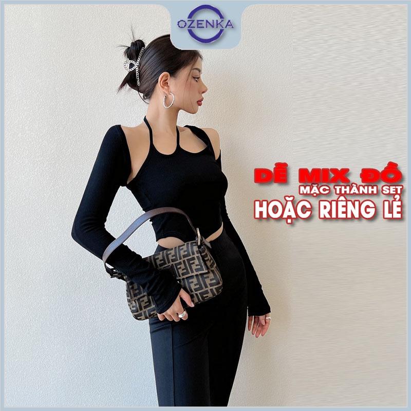 Set áo croptop tay dài hở vai áo ba lỗ nữ vạt nhọn OZENKA , áo crt ôm body gợi cảm mềm mịn thấm hút mồ hôi