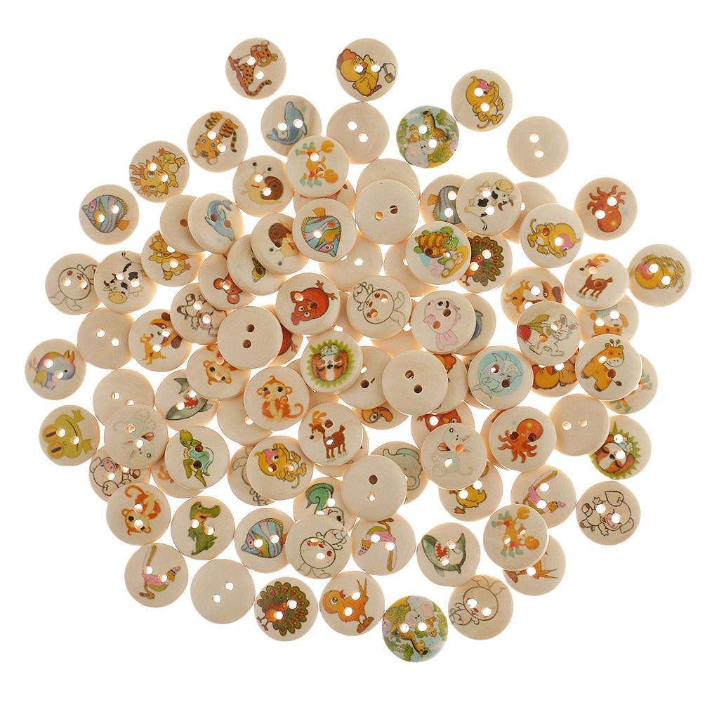 100pcs 15mm Animal Printed 2-Hole Flat Buttons Wood Button for Sewing Craft