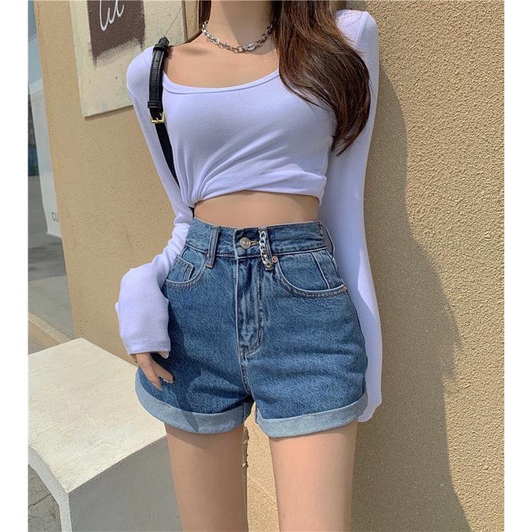 Quần short jean nữ BigSize lưng cao, co dãn mạnh, xăn lai, phom hơi rộng, không bó sát đùi 4134 molijean