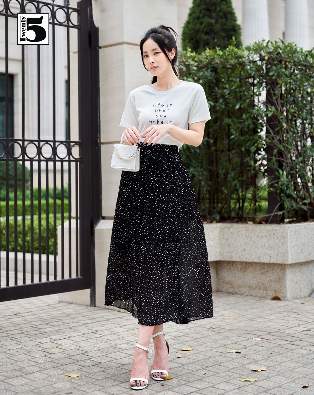 Chân váy midi voan xếp ly chấm bi 2 lớp eo chun Twentyfive 4071