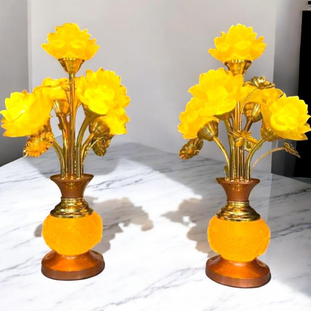 cặp đèn lưu ly 5 bông dáng lục bình RỒNG VIỆT, Cặp đèn thờ thân hợp kim bình lưu ly cao cấp