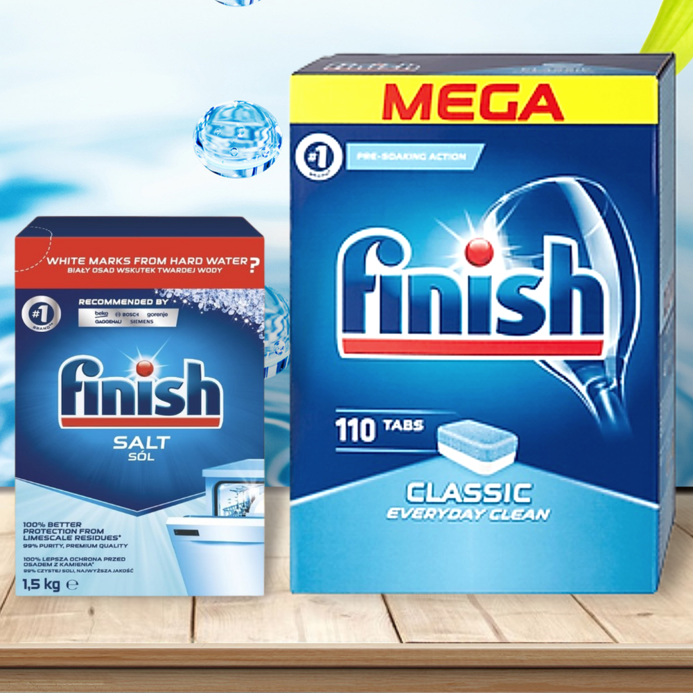 Viên rửa bát Finish 120 viên + Muối Finish 1.5kg dùng cho Máy Rửa Bát Chén