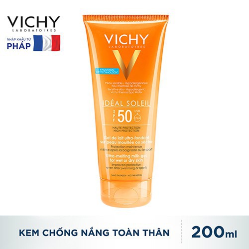 Kem Chống Nắng Toàn Thân Dạng Gel Sữa Không Nhờn Rít SPF 50 Chống Tia UVA &amp; UVB Vichy Ideal Soleil Body Milk Gel 200ml - M9044720