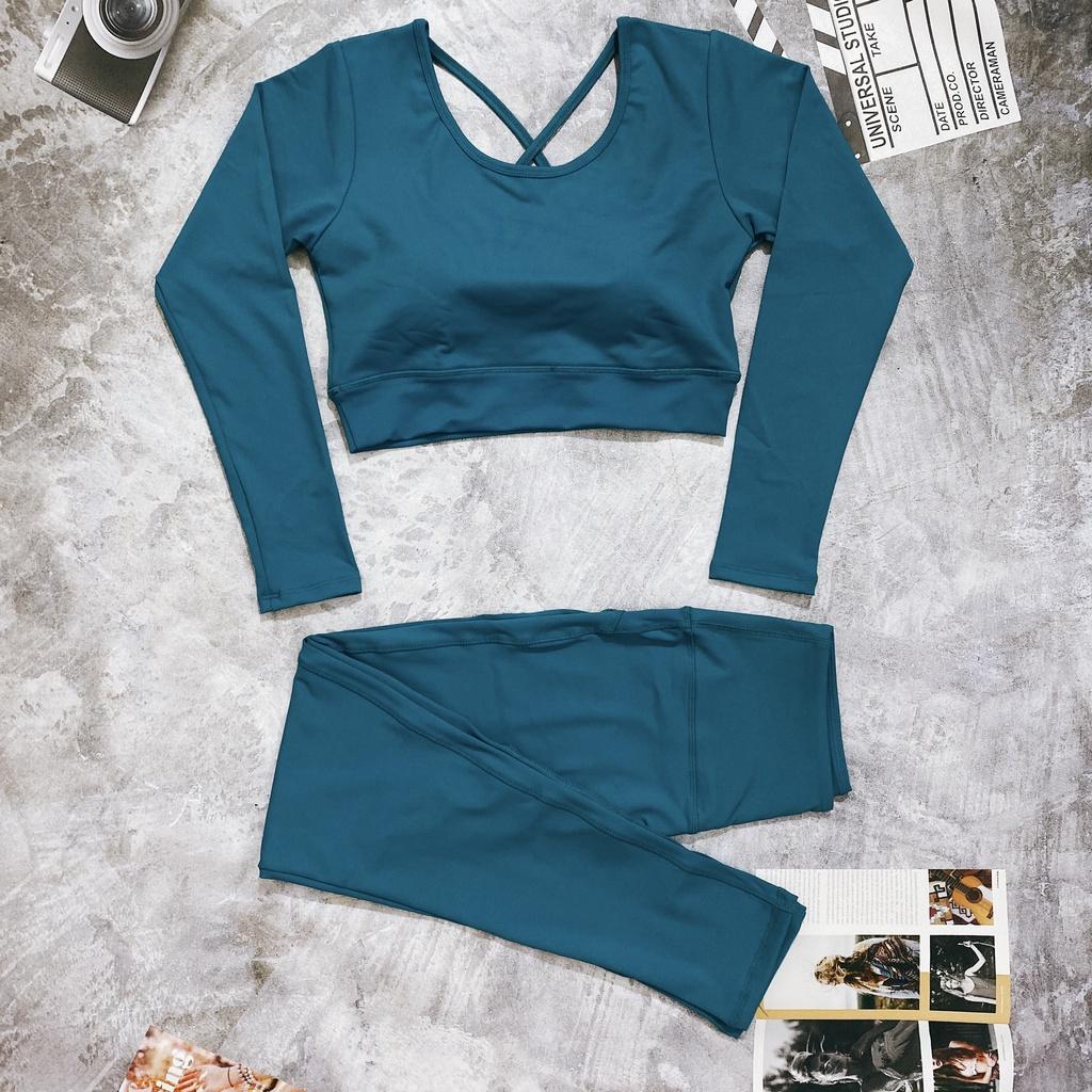 Bộ đồ tập gym yoga nữ 2 dây chéo tay dài, bộ quần áo tập thể thao áo dài tay croptop và quần dài kèm mút- D14