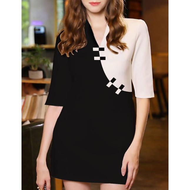Đầm suông công sở cổ v phối trắng lạ mắt - DCS225