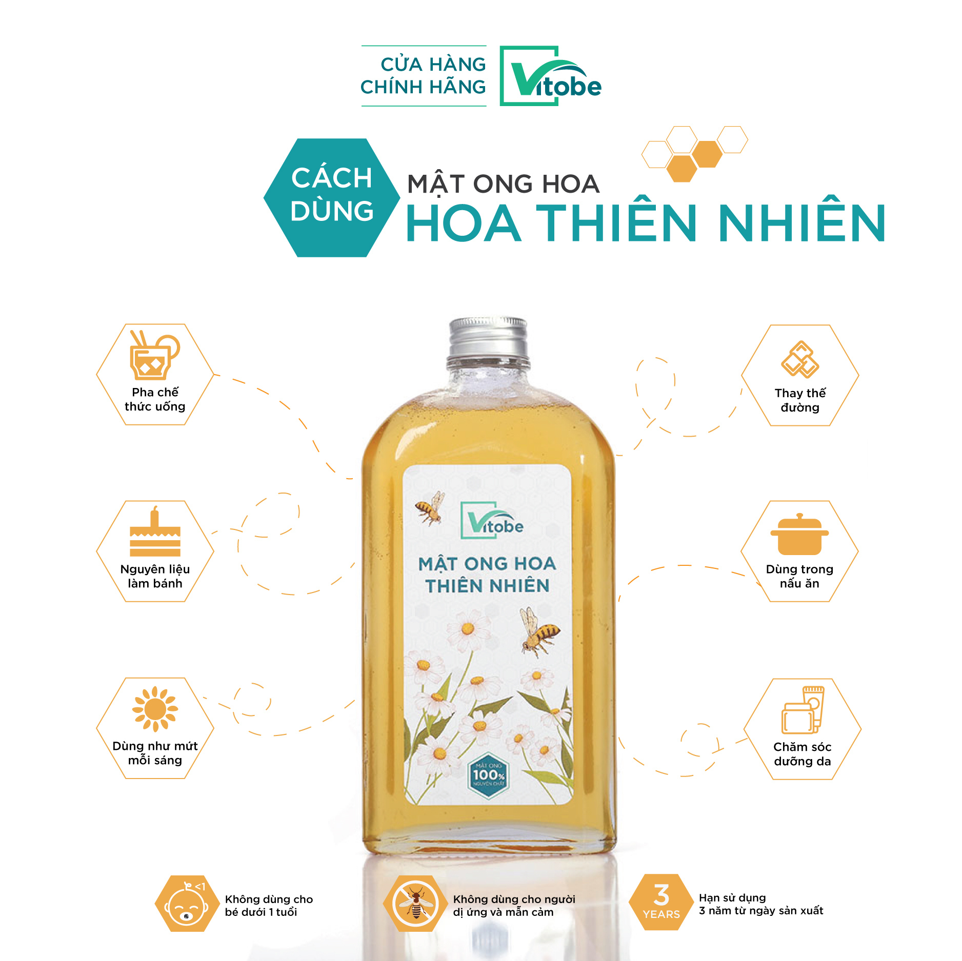 Mật Ong Hoa Thiên Nhiên Vitobe (470gr) - 100% Nguyên Chất &amp; Hữu Cơ