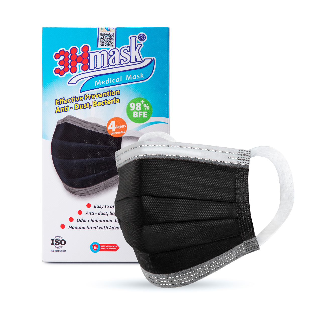 Khẩu Trang Y Tế 3Hmask 4 Lớp Quai Bản (Đen)