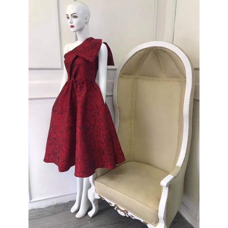 Kèm ảnhthật - ĐẦM XOÈ GẤM LỆCH NƠ VAI SANG TRỌNG - SIZE M/L đến 57kgMM MM