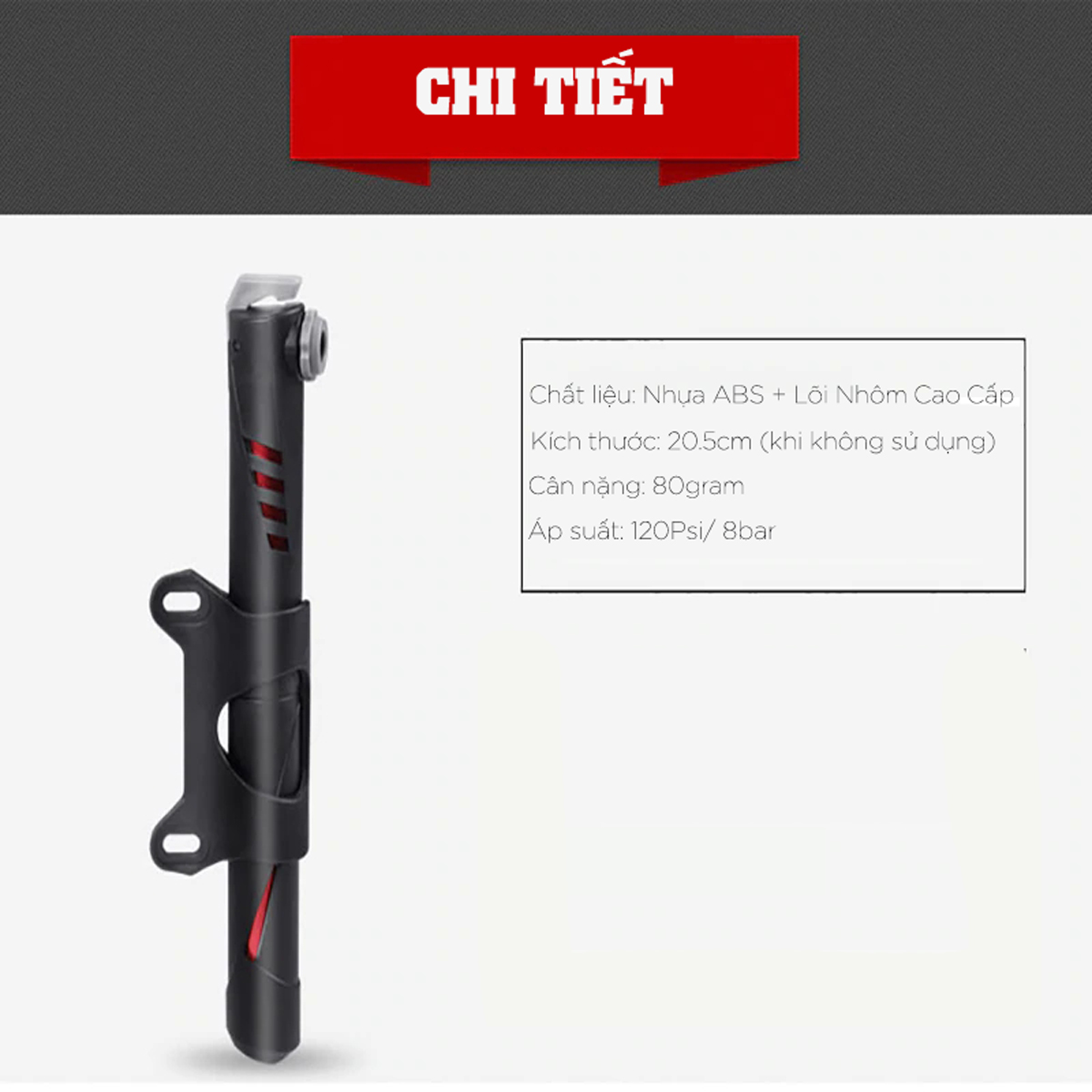 Bơm Xe Đạp Mini Treo Xe Gắn Khung Sườn Có Đế Gắn Sử Dụng Khẩn Cấp 120Psi 8 Bar Siêu Nhẹ Xy Lanh Lõi Nhôm Mai Lee