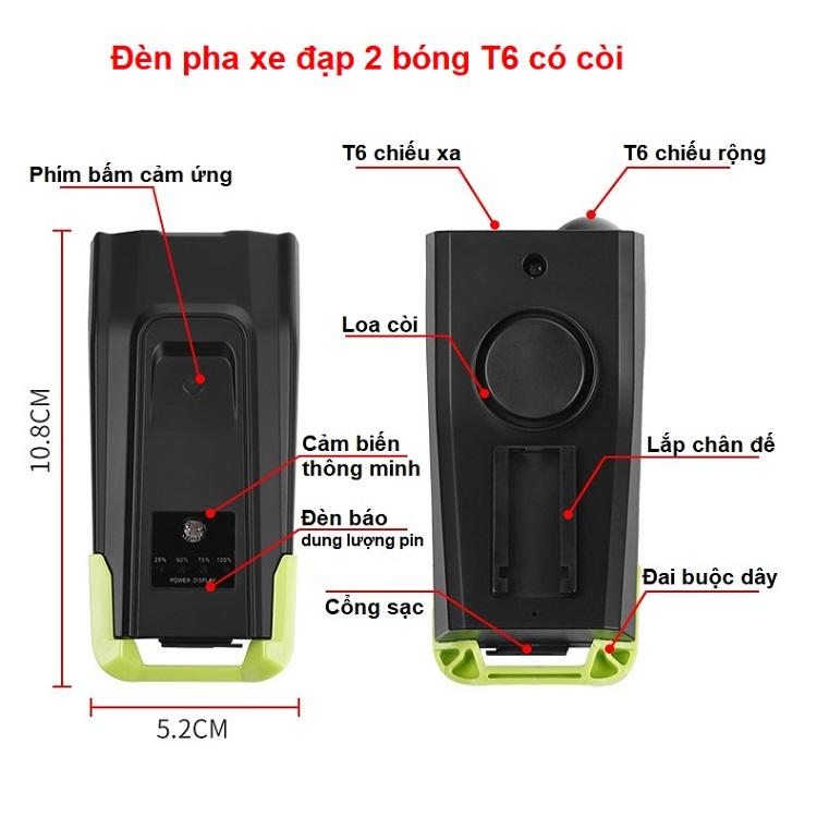 Đèn pha xe đạp 2 bóng T6 có còi