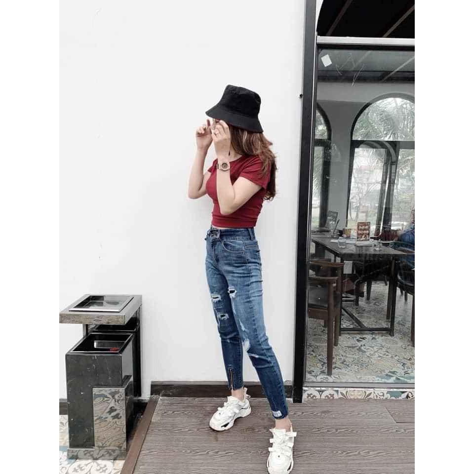 Quần jeans cạp cao nút kiểu xịn!