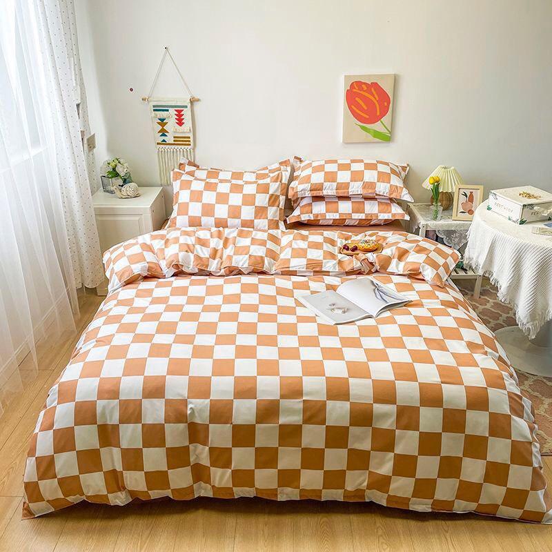 Bộ chăn ga gối Cotton poly M2T Bedding, vỏ chăn mền, drap ga giường và 2 vỏ gối nằm - PL Bàn cờ vua cam nâu