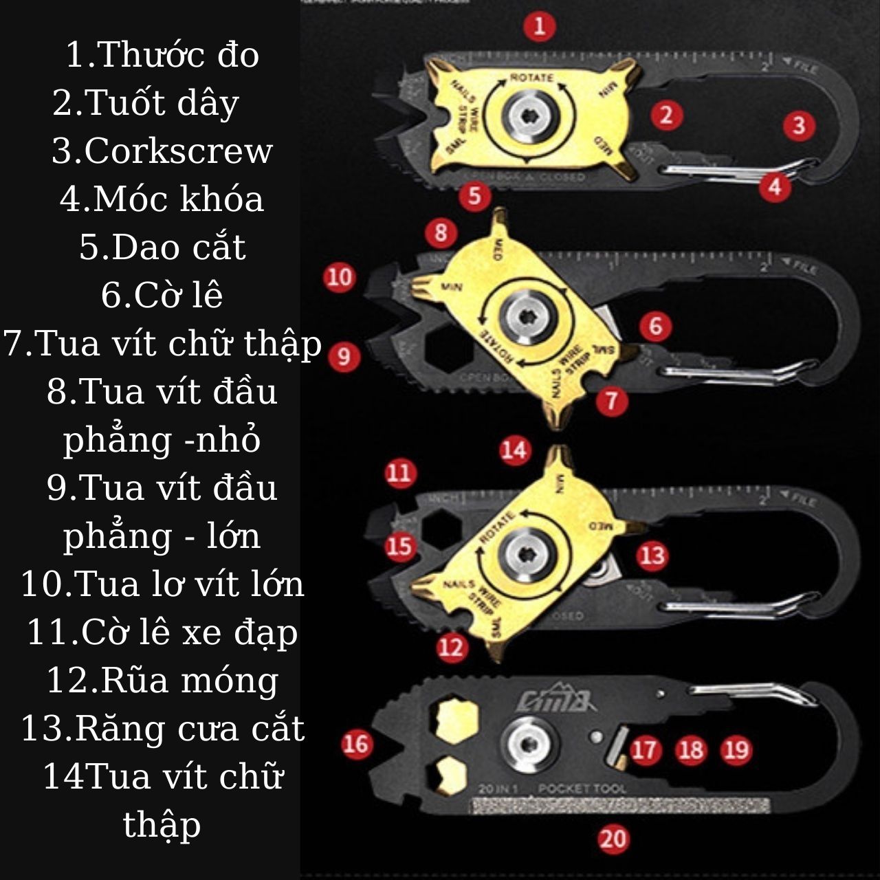 Dụng cụ dã ngoại EDC 20 in 1, đồ phượt leo núi cắm trại