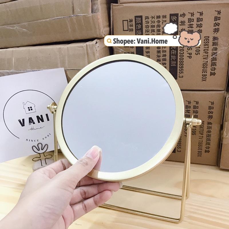 Gương trang điểm để bàn viền mạ vàng xoay 360 độ - Gương soi cao cấp, gương decor để bàn trang điểm mạ vàng sang trọng