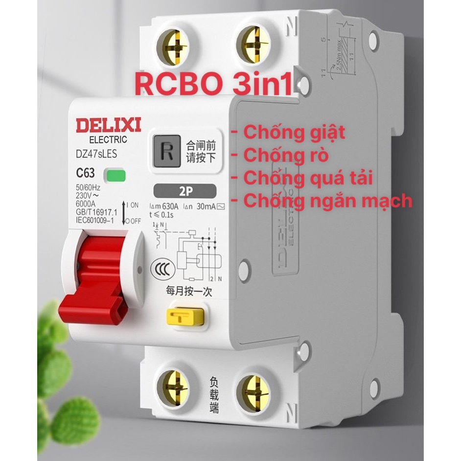 Át Aptomat,CB chống rò chống giật - Chống quá tải 2 pha 20A,32A và 63A RCBO Delixi