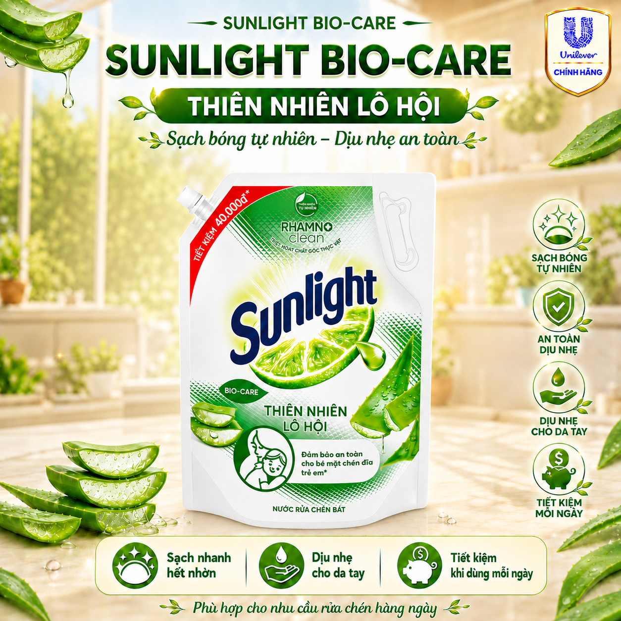 Nước Rửa Chén Sunlight Bio-Care Lô Hội Dạng Túi Châm Thêm, Sạch Dầu Mỡ Dịu Nhẹ Cho Da Tay 3.3kg