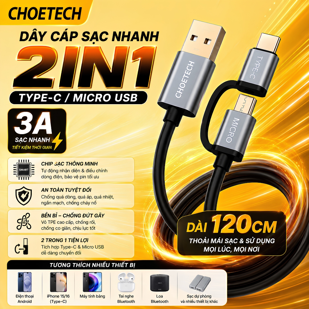 Dây Cáp Sạc Nhanh DuoLink SmartCharge 2in1 CHOETECH XAC0012 Type-C / Micro USB Dài 120CM - Sạc Nhanh 3A, Chip Sạc Thông Minh, Truyền Dữ Liệu 480Mbps - Hàng nhập khẩu