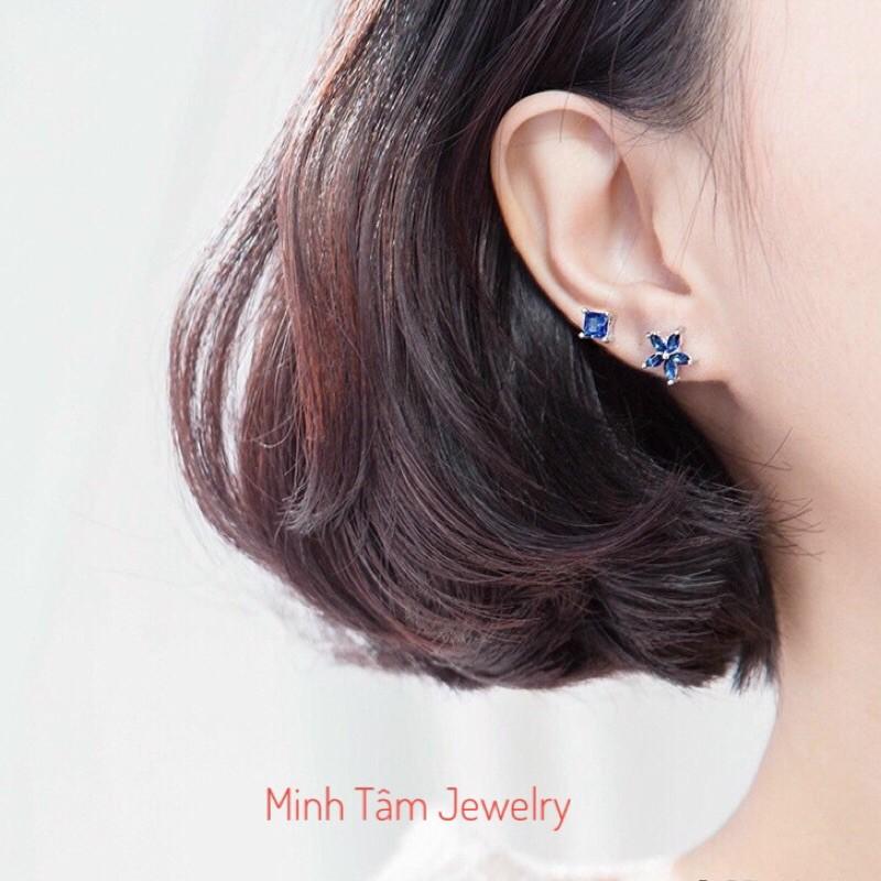 Bông tai bạc 925 bất đối xứng hình lập phương và ngôi sao xanh-Minh Tâm Jewelry