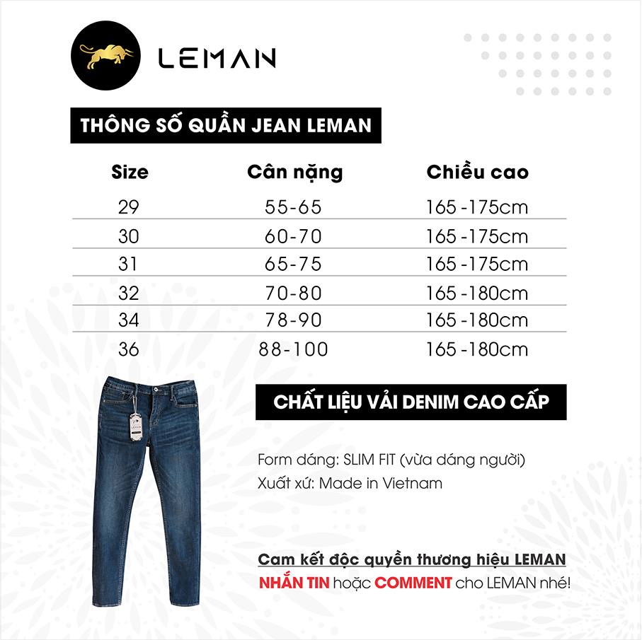 Quần Jean nam Leman xanh trơn JD03 - Slim Form