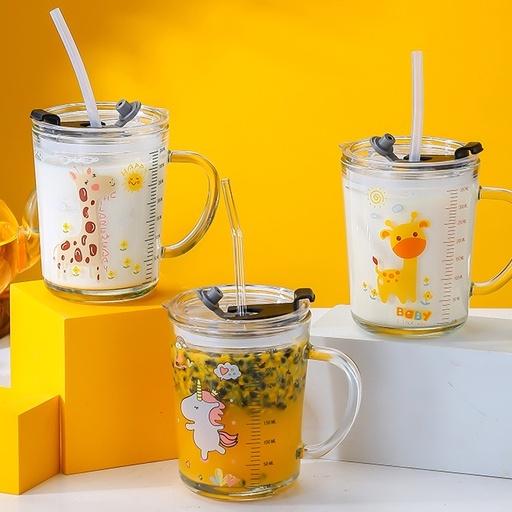 Cốc Pha Sữa Cho Bé Chia Vạch Thủy Tinh Chịu Nhiệt Kèm Ống Hút H113