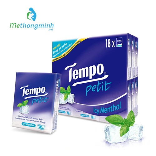 Lốc 18 gói Khăn giấy bỏ túi Tempo Petit Icy Menthol (hương bạc hà mát lạnh) - gói 7 tờ