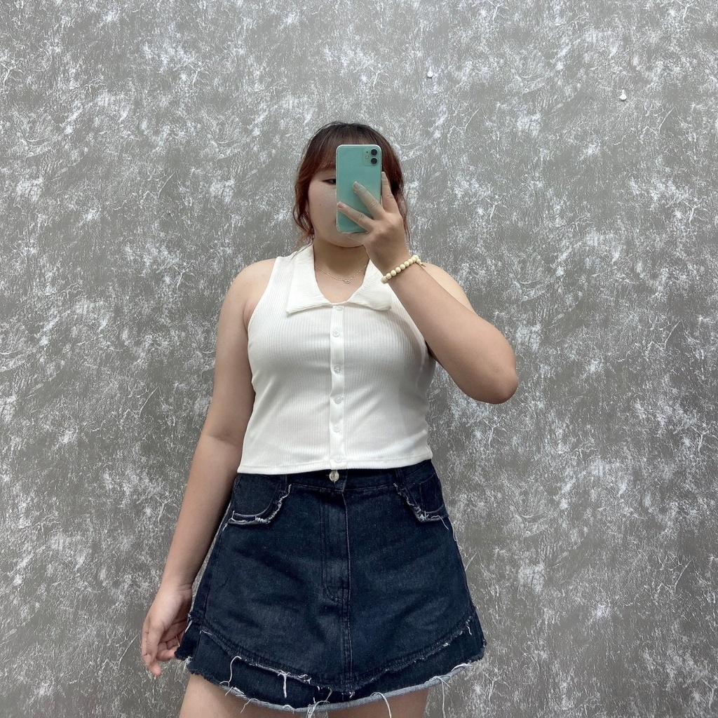 Áo thun ba lỗ dáng croptop bigsize nữ cổ bẻ nút kiểu thun gân co giãn G111 - Trắng