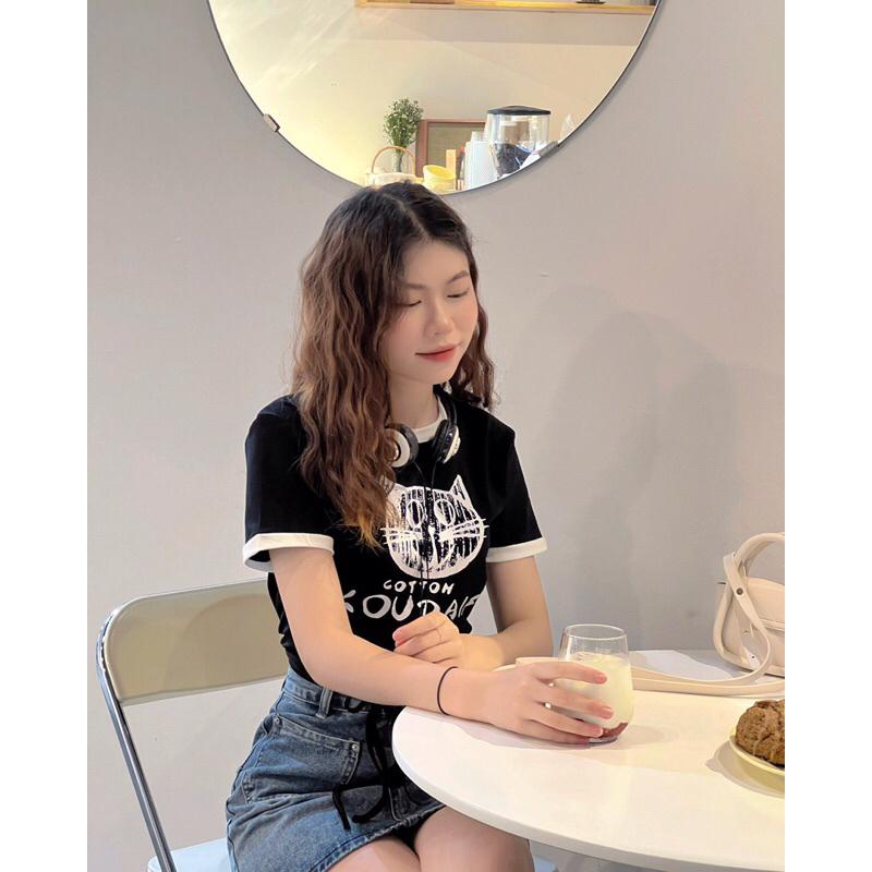Áo phông nữ croptop dáng ngắn viền màu hình con mèo dây buộc sau a238708 germe