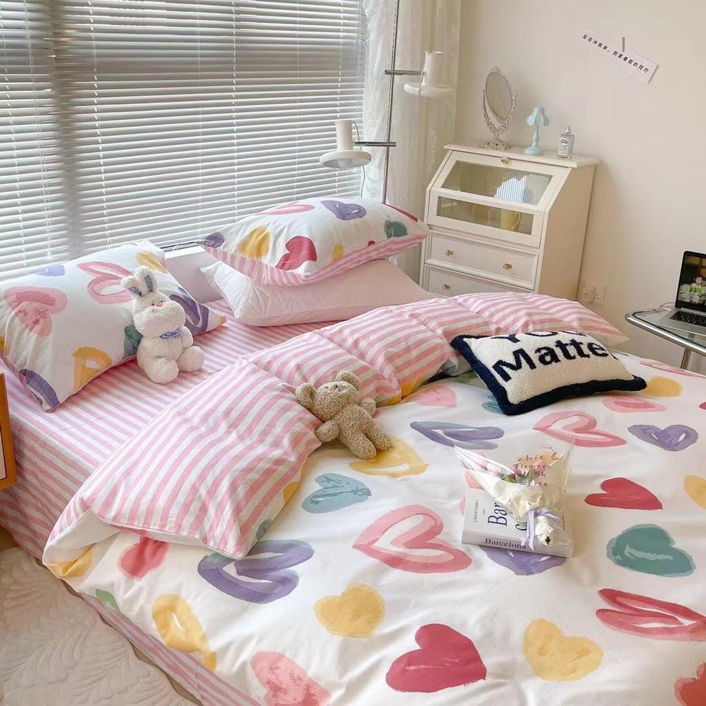 Bộ chăn ga gối Cotton poly M2T Bedding Tim mộng mơ, vỏ chăn mền, drap nệm và 2 vỏ gối