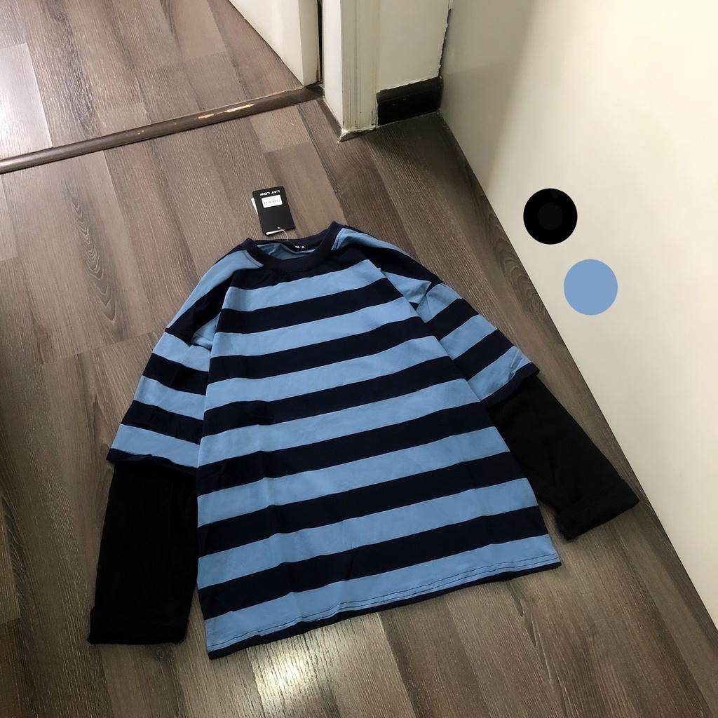 Áo dài tay kẻ ráp tay MEANSTORE phông Unisex nam nữ tee oversize form rộng pull Ulzzang Hàn Quốc vải mềm - Xanh đen