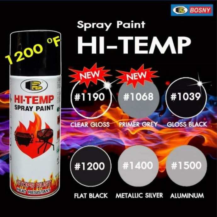 Bình sơn xịt chống cháy, chai sơn xịt chịu nhiệt độ cao 1200°F (tương đương 600°C ) 400cc- HI-TEMP Spray Paint- Hiệu Bosny- Nhập khẩu Thái Lan (nhiều màu dễ chọn lựa:)