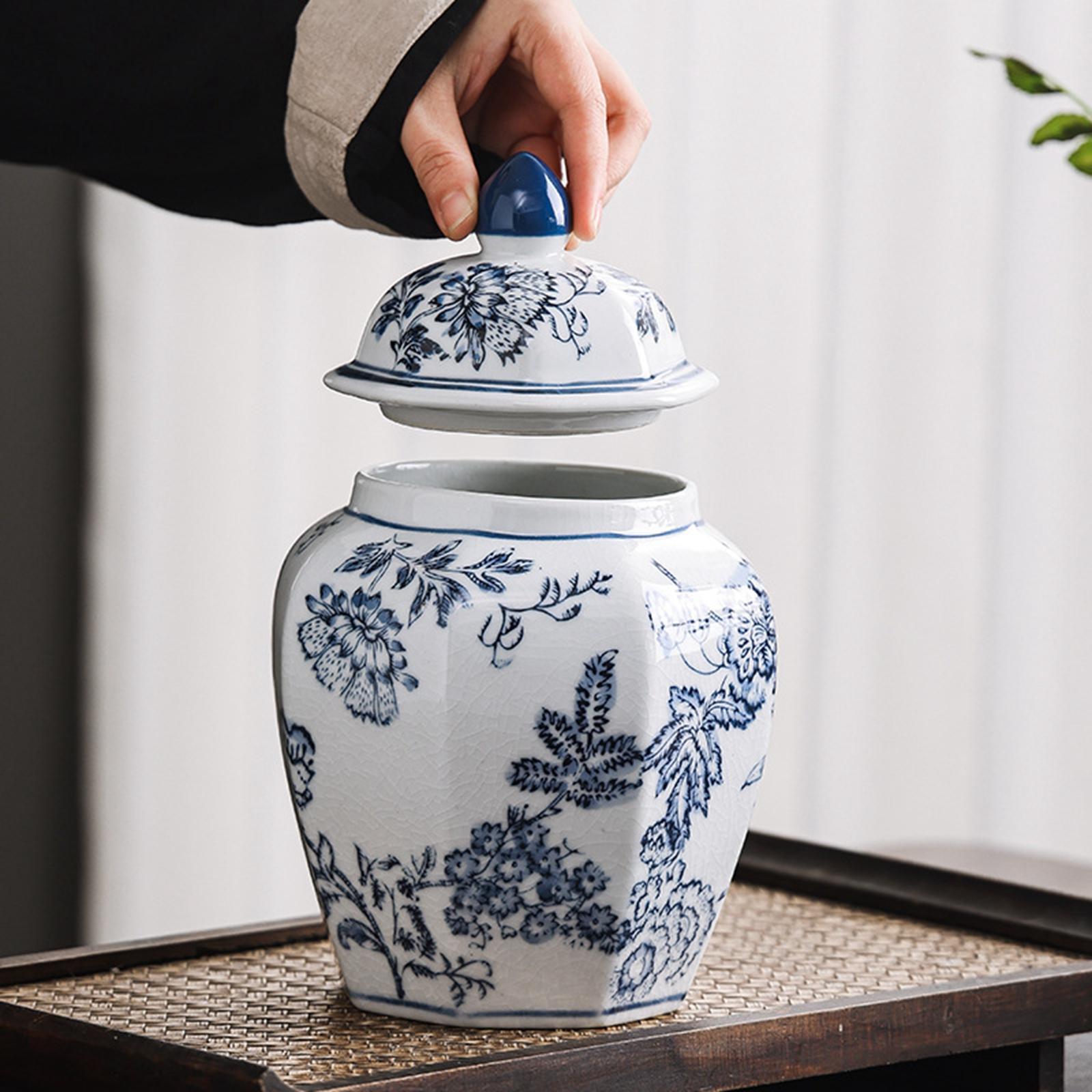Ceramic Ginger Jar Containers Storage Tin Exquisite with Lid Plants Holder Handicraft Flower Vase for Shelf Desk Party Decoration Collection