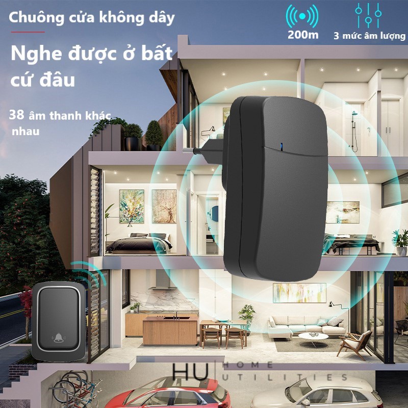 Chuông Cửa Không Dây Không Dùng Pin, Chuông Bấm Chống Nước Khoảng Cách 200m Báo Động Người Già