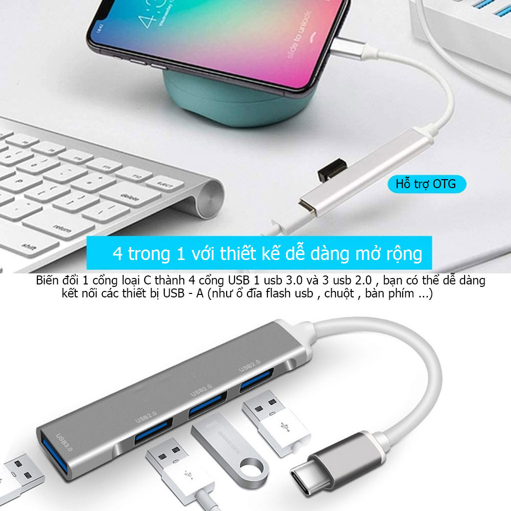 Bộ chia Hub Type C Sang 4 Cổng USB 3.0 và 2.0 ESSAGER .Hàng chính hãng