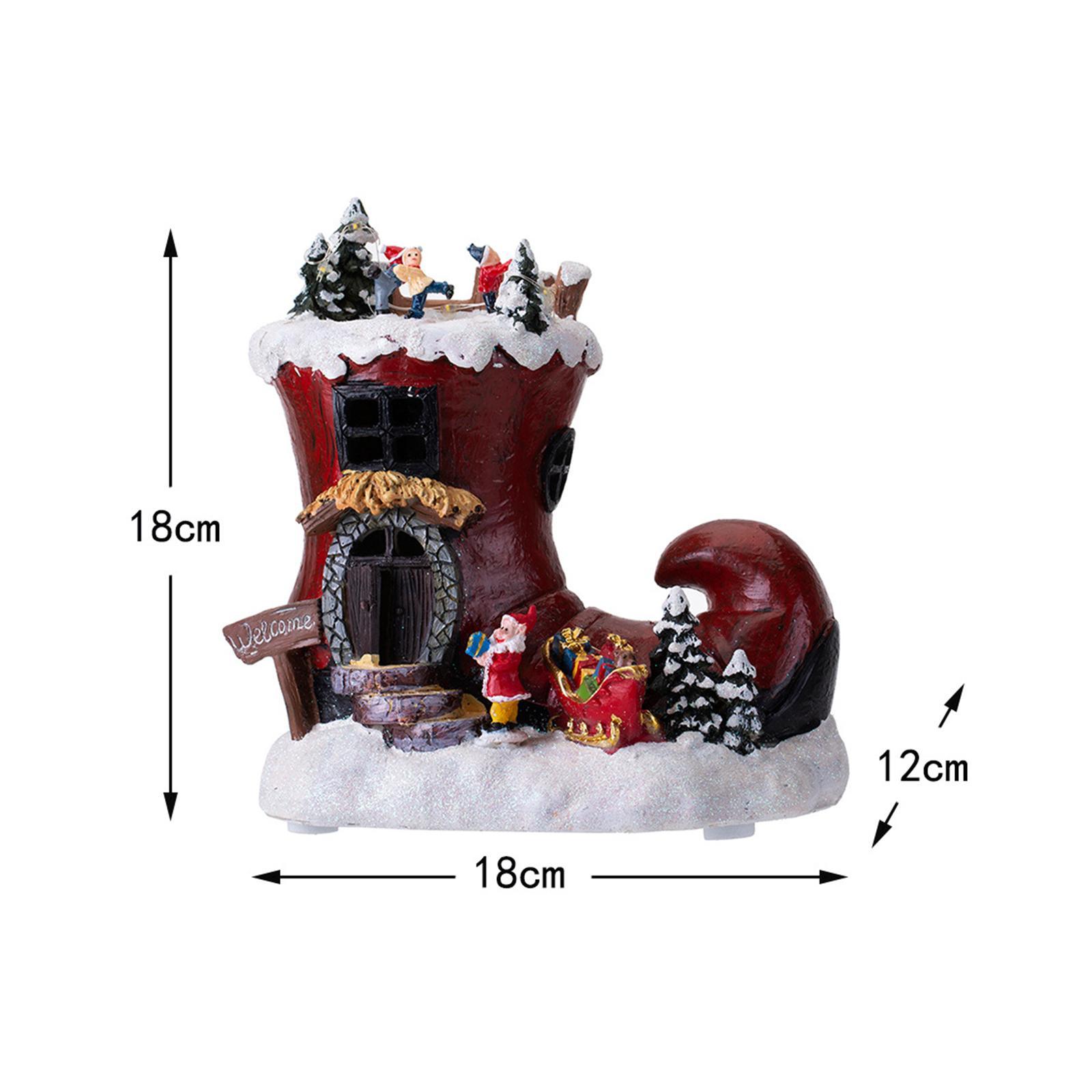 Rotating Boot House Music Box Christmas Ornament Table Centerpiece with Light Santa Claus Figurines for Home Dorm Restaurant