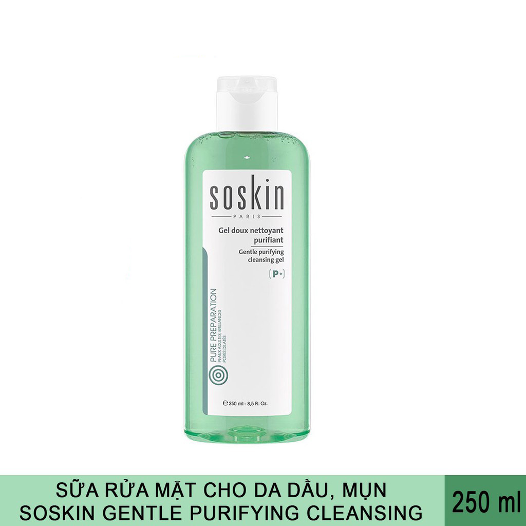Sữa Rửa Mặt Loại Bỏ Vi Khuẩn Soskin Gentle Purifying Cleansing Gel 250ml, Cải Thiện Da Nhờn Mụn