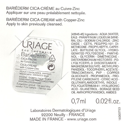 Kem Làm Dịu, Làm Lành Và Phục Hồi Da Tổn Thương Uriage Bariéderm Cica-crème 0.7ml