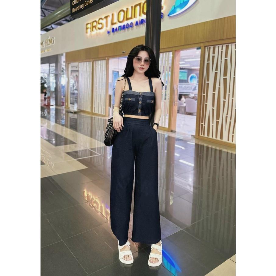 SET BỘ ĐI CHƠI, SET 2 MÓN ÁO ỐNG CROPTOP 2 DÂY PHỐI QUẦN SUÔNG ỐNG RỘNG CỰC NĂNG ĐỘNG