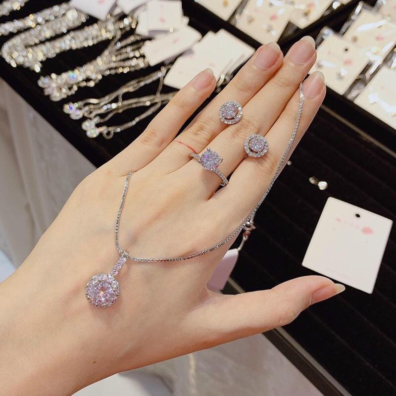 Bộ set 2 món dây chuyền bông tai đá tròn xi bạch kim siêu sáng siêu đẹp