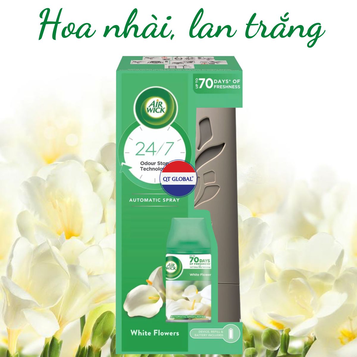 Bộ xịt thơm phòng tự động Air.Wick White Flowers 250ml QT000731 - hoa nhài, lan trắng