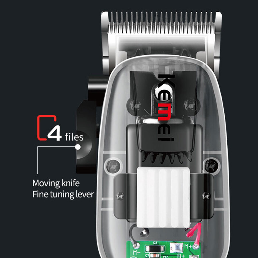 Tông đơ cắt tóc Kemei KM-NG-108 vỏ trong suốt thấy mạch điều chỉnh độ dài lưỡi có màn hình LCD hiển thị sạc USB