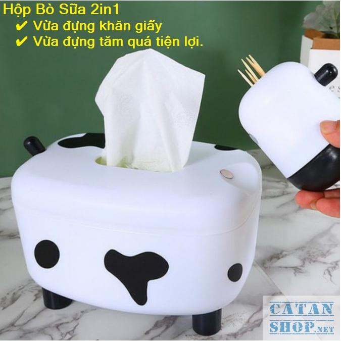 Hộp Đựng Khăn Giấy Hình Bò Sữa Đáng Yêu Kiêm Để Tăm Tiện Lợi 2in1 GD538-BoSua2in1