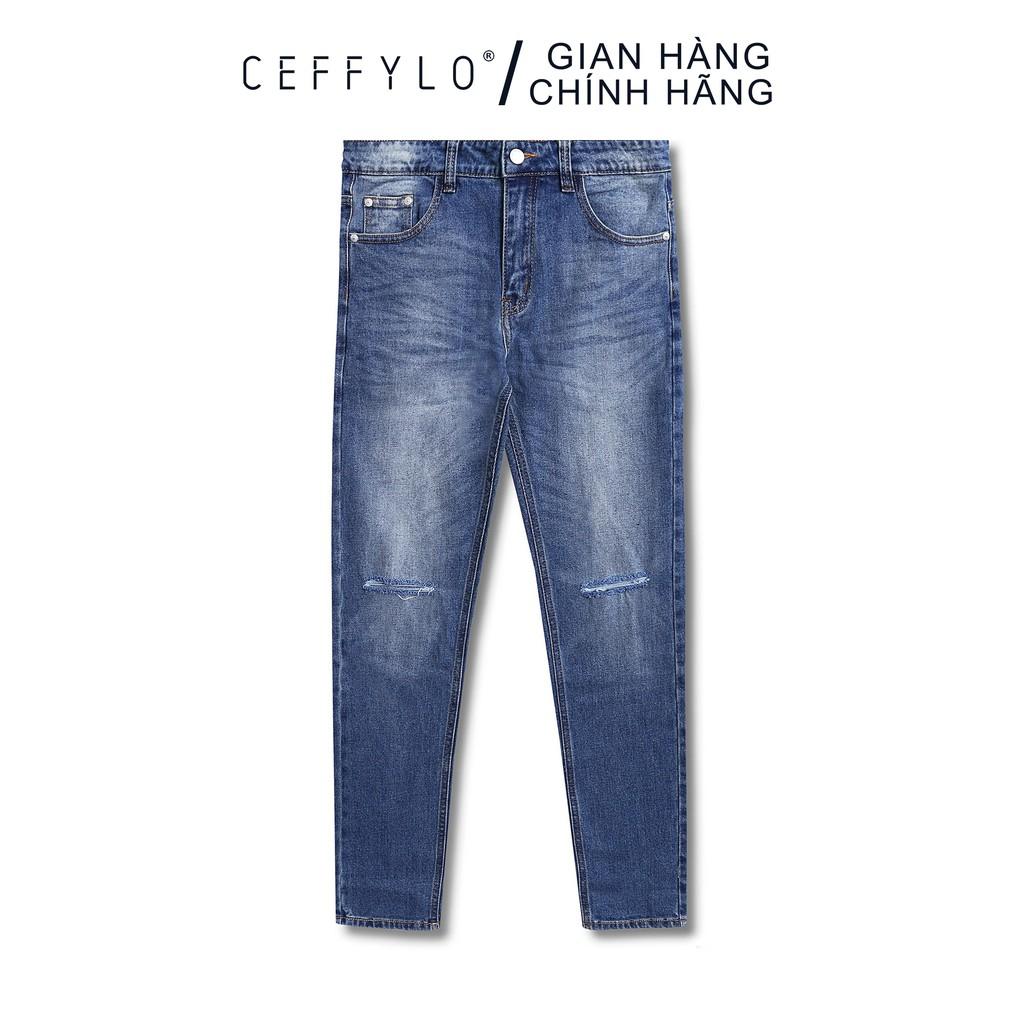 Quần Jeans rách gối Xanh Đậm nam form slimfit CEFFYLO , chất Jean thun co giãn nhẹ